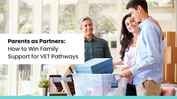 Smiling parents supporting their teenage son with school preparations, symbolizing family involvement in VET pathways.