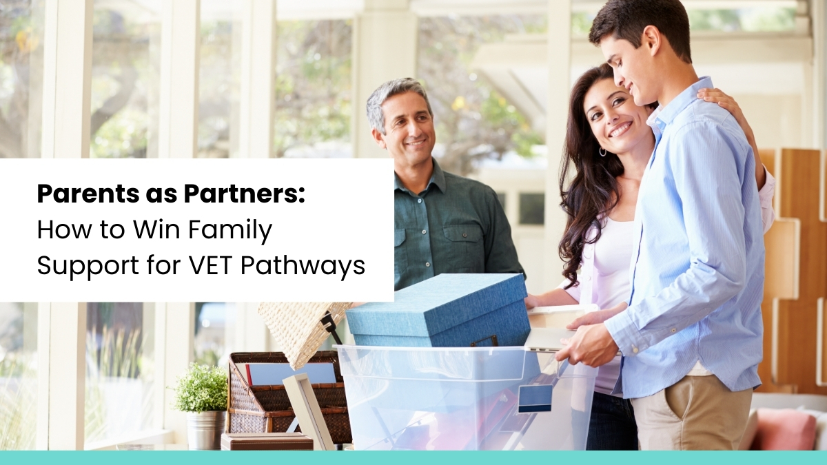 Smiling parents supporting their teenage son with school preparations, symbolizing family involvement in VET pathways.